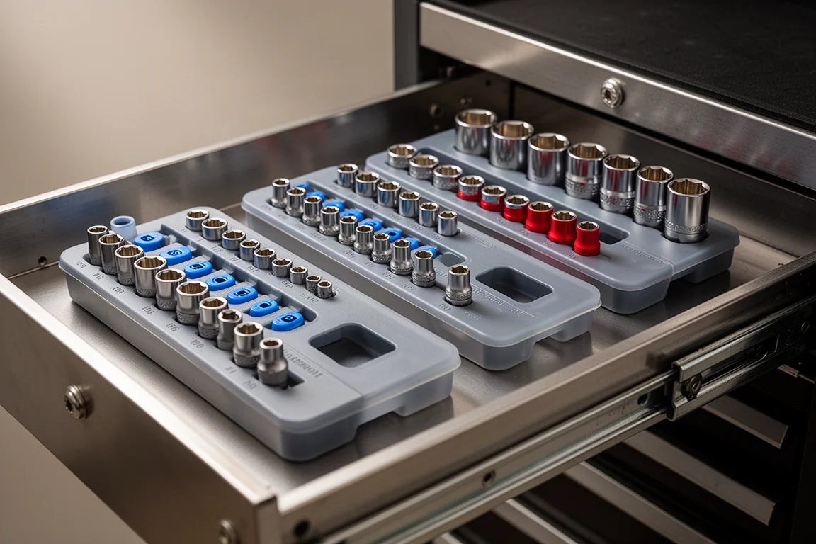 Five low-profile socket trays holding organized socket sets in a tool cart drawer