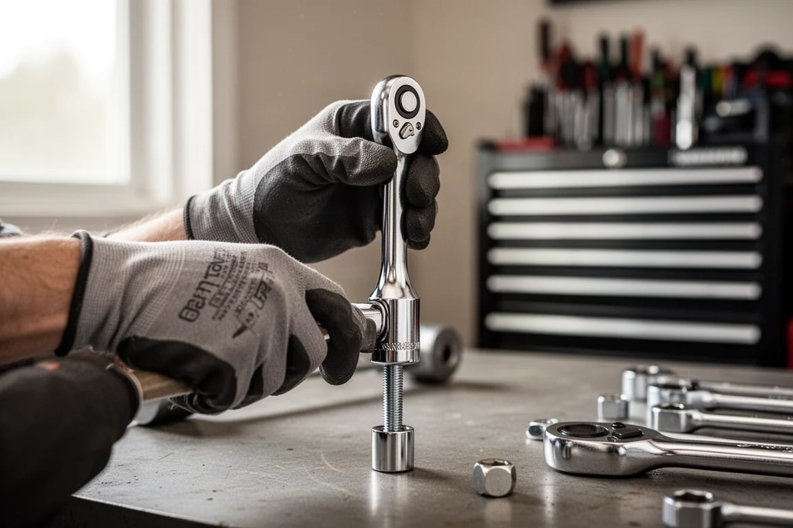Monteurshanden die met een ratchet een steeksleutel op een bout draaien in een garage