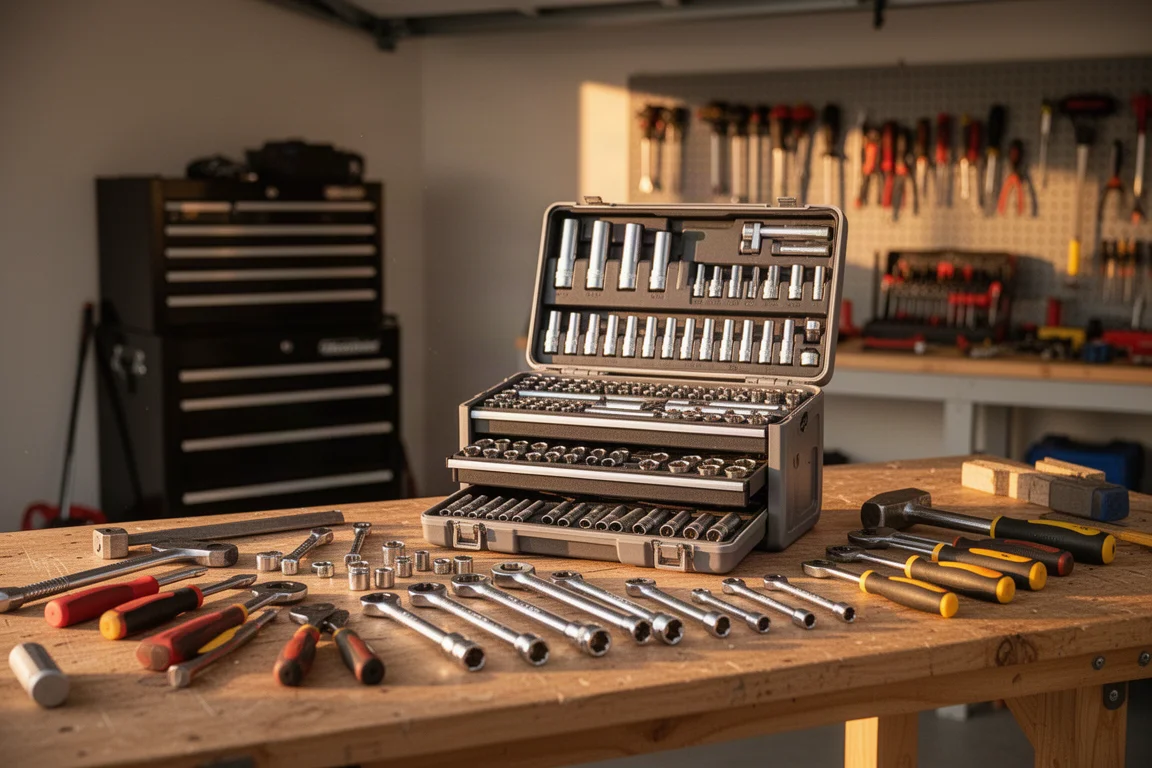 Nette garage-werkbank met een complete steeksleutelset uitgestald voor een klus