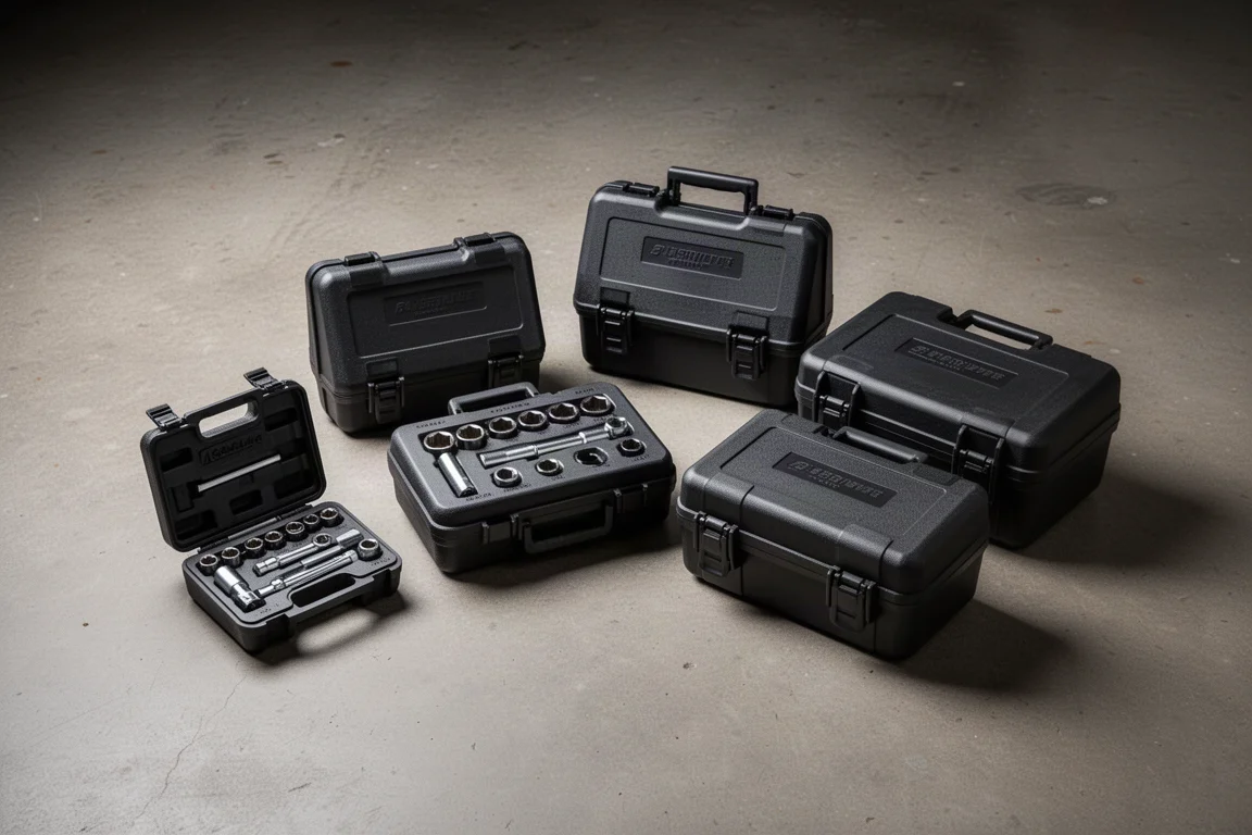 Five black socket set cases of increasing size arranged on a concrete garage floor
