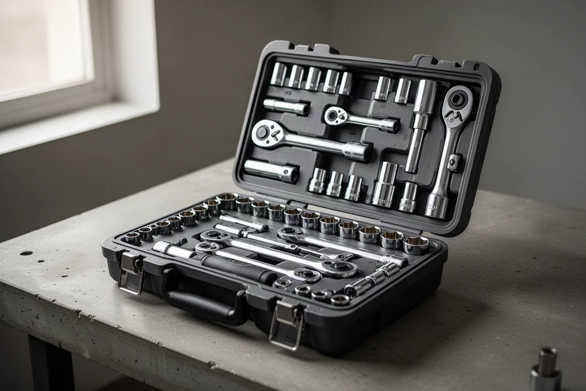 Open hard case of chrome sockets and ratchets laid out on a garage workbench