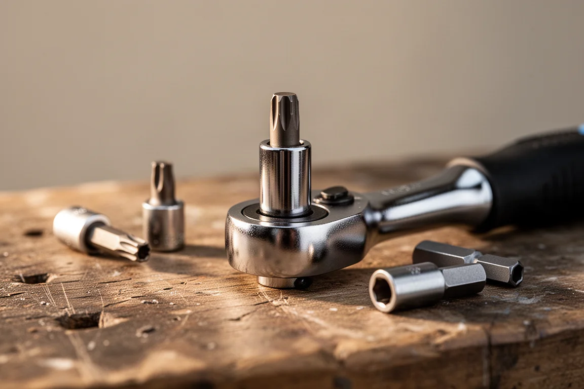 Close-up of socket bits being run on a ratchet over a workbench