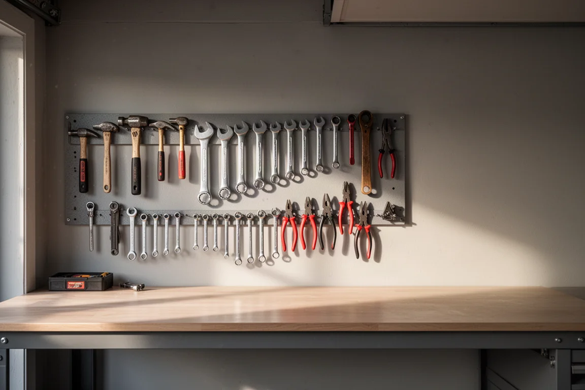 Organized tool wall with assorted hand tools hanging above a workbench