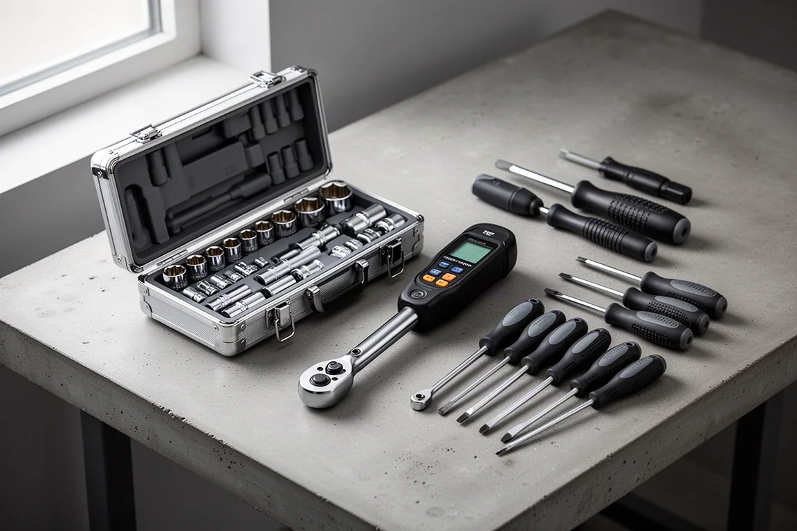 Assorted Quinn hand tools arranged on a concrete workbench