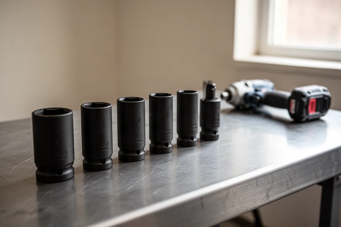Soquetes de impacto pretos foscos alinhados em bancada de oficina ao lado de uma chave de impacto