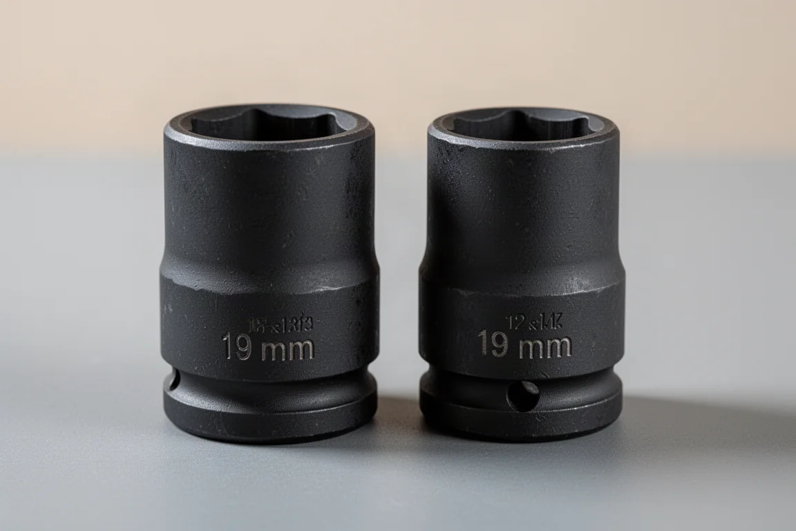 Close-up comparando as paredes grossas de dois soquetes de impacto de 19 mm lado a lado