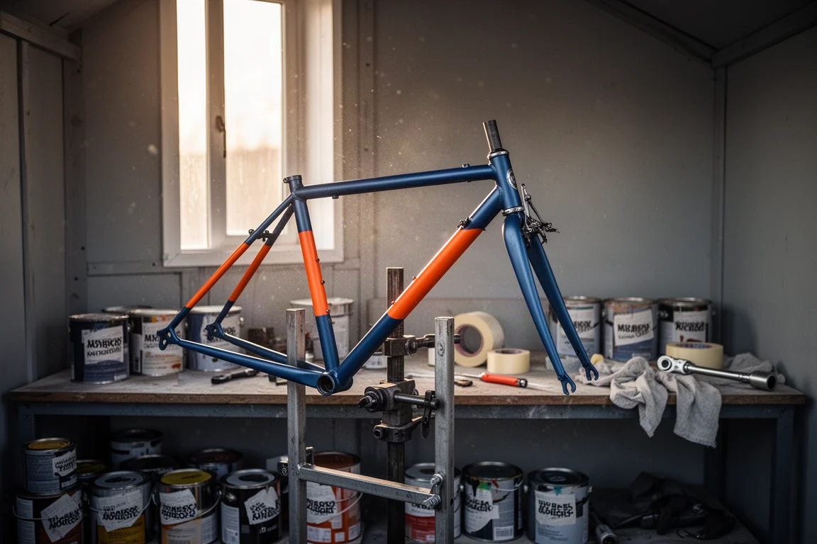 Rider in cycling kit wheeling a mountain bike out of a workshop doorway at golden hour