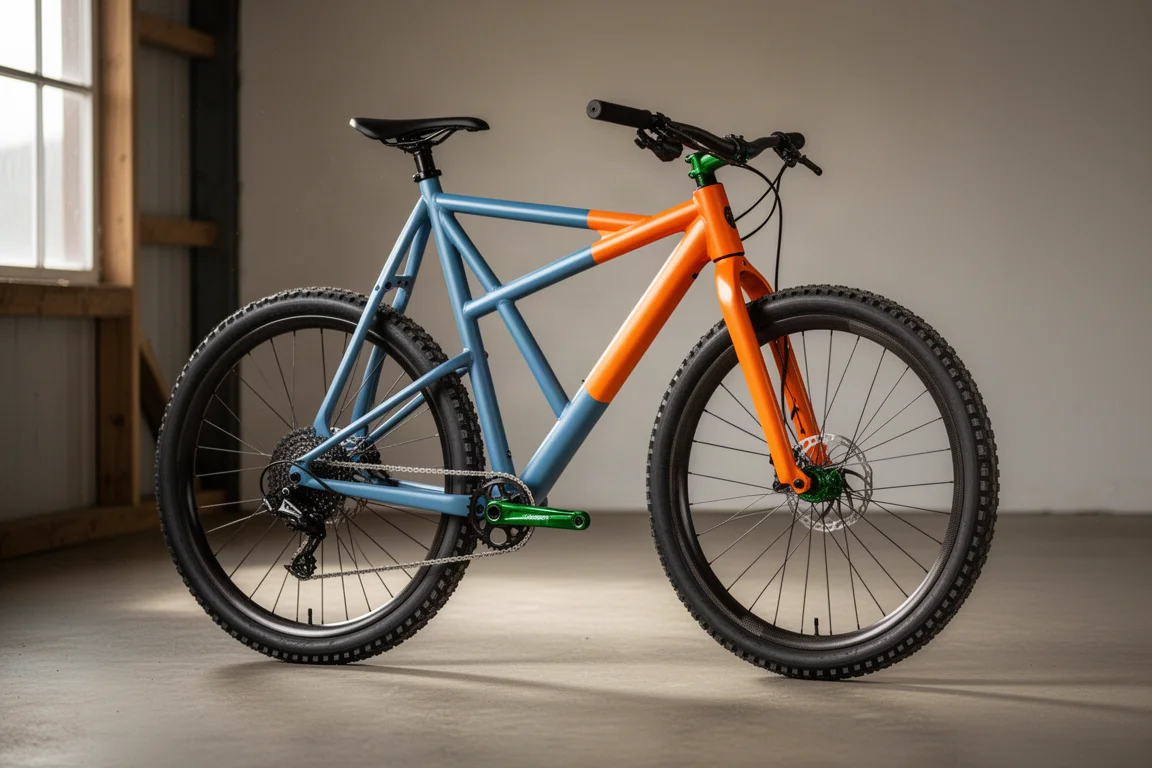 Steel cross-country mountain bike in two-tone green and cream paint against a concrete workshop wall