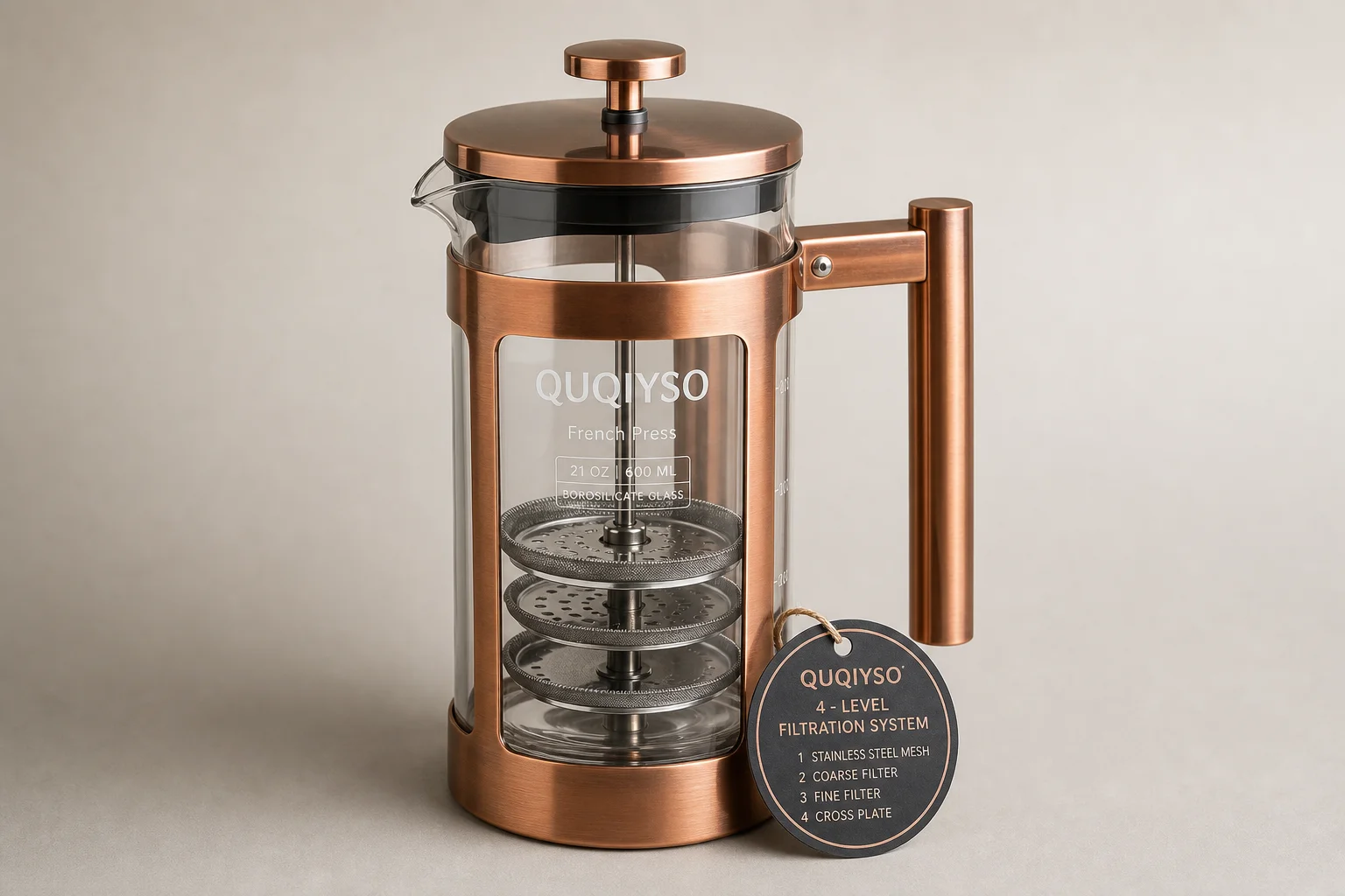 Five French press coffee makers arranged on concrete surface showing different sizes and styles