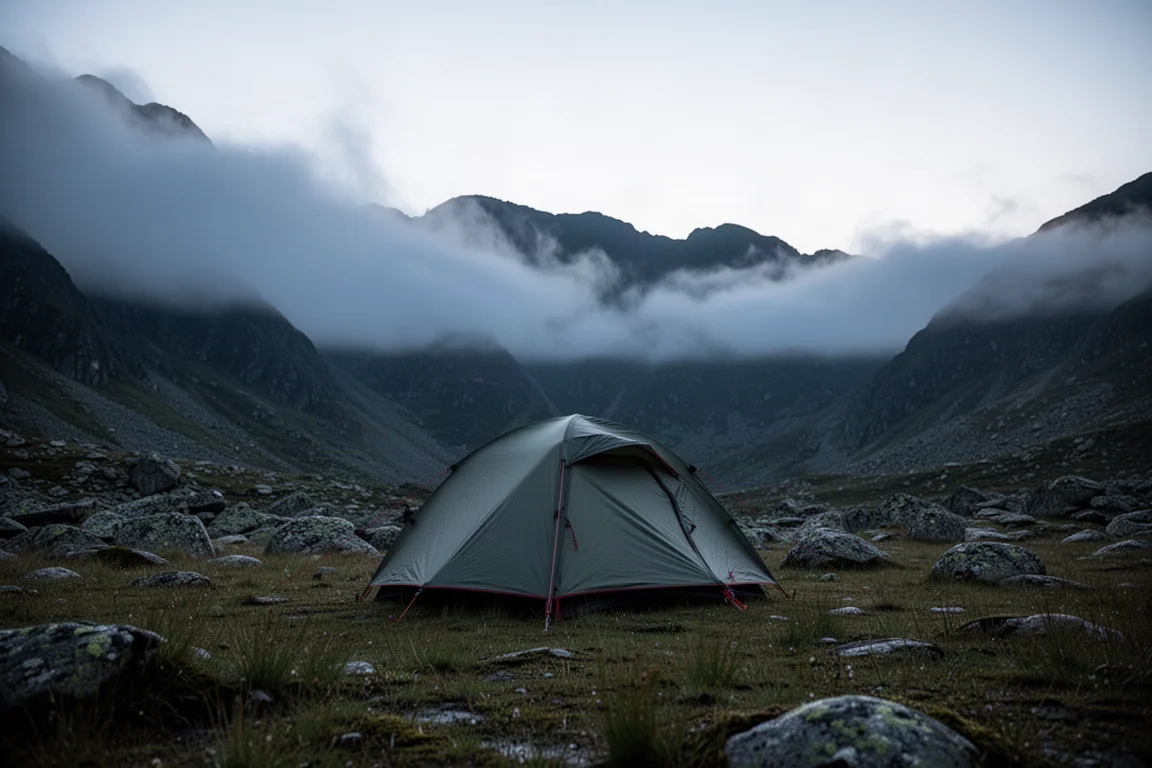 Kleines Trekkingzelt im Moorland bei Sonnenaufgang mit sichtbarer Ausrüstung durch die offene Tür