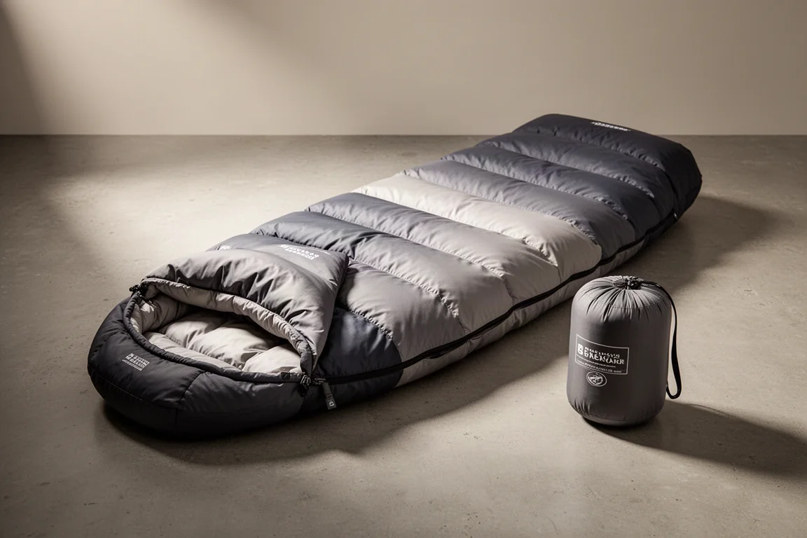 Four-season mummy-style down sleeping bag with stuff sack on a concrete surface