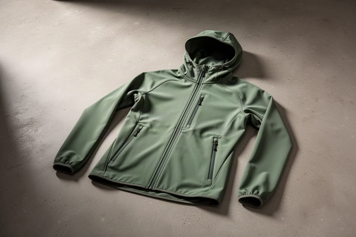 Lightweight green softshell jacket with hood laid flat on a concrete surface