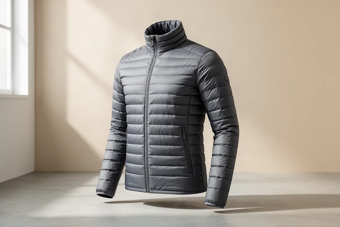 Light grey quilted synthetic insulated jacket on a pale concrete surface in soft studio light