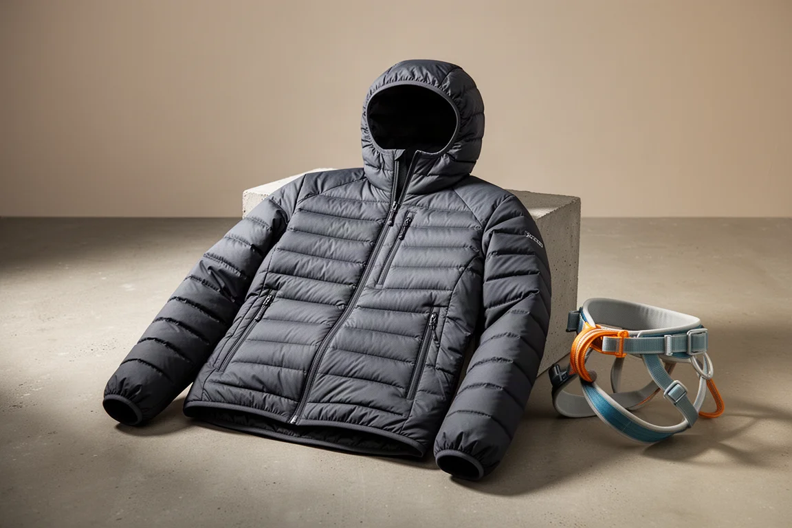 Charcoal hooded synthetic insulated jacket on concrete beside a folded climbing harness