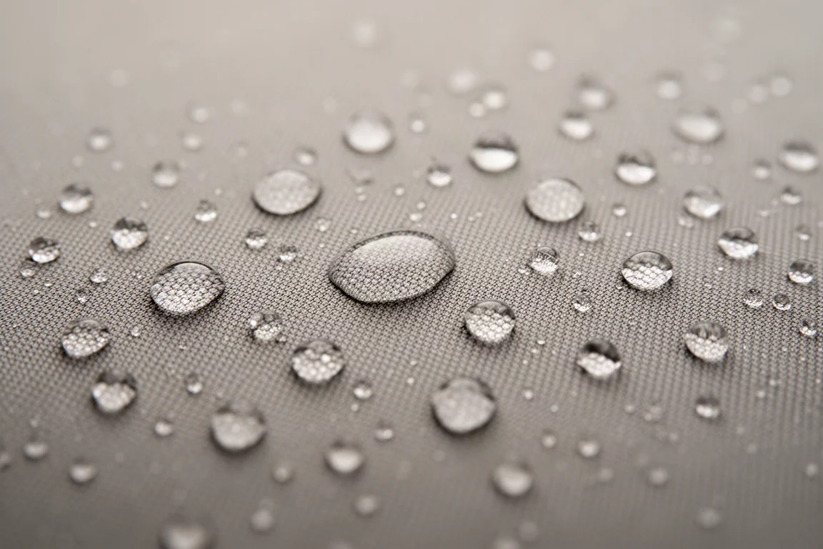 雨滴在緊密編織的技術防水布料表面凝結成水珠