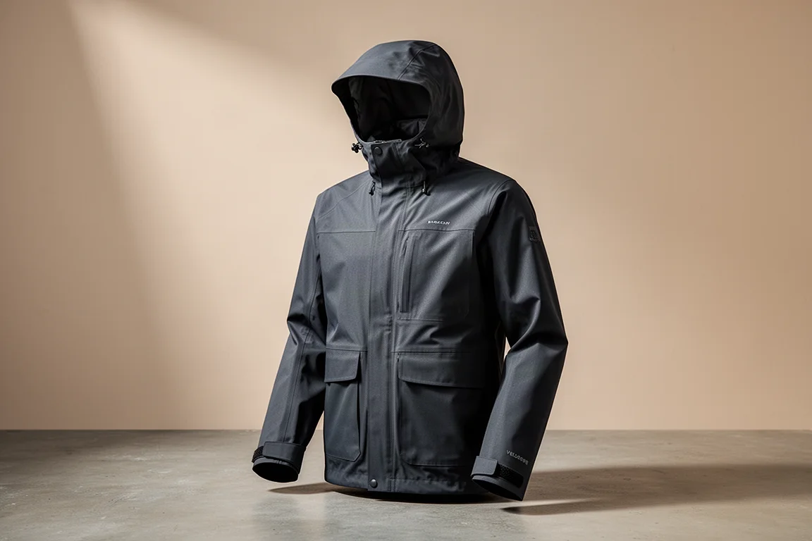 Hooded waterproof mountain shell jacket on a matte concrete surface