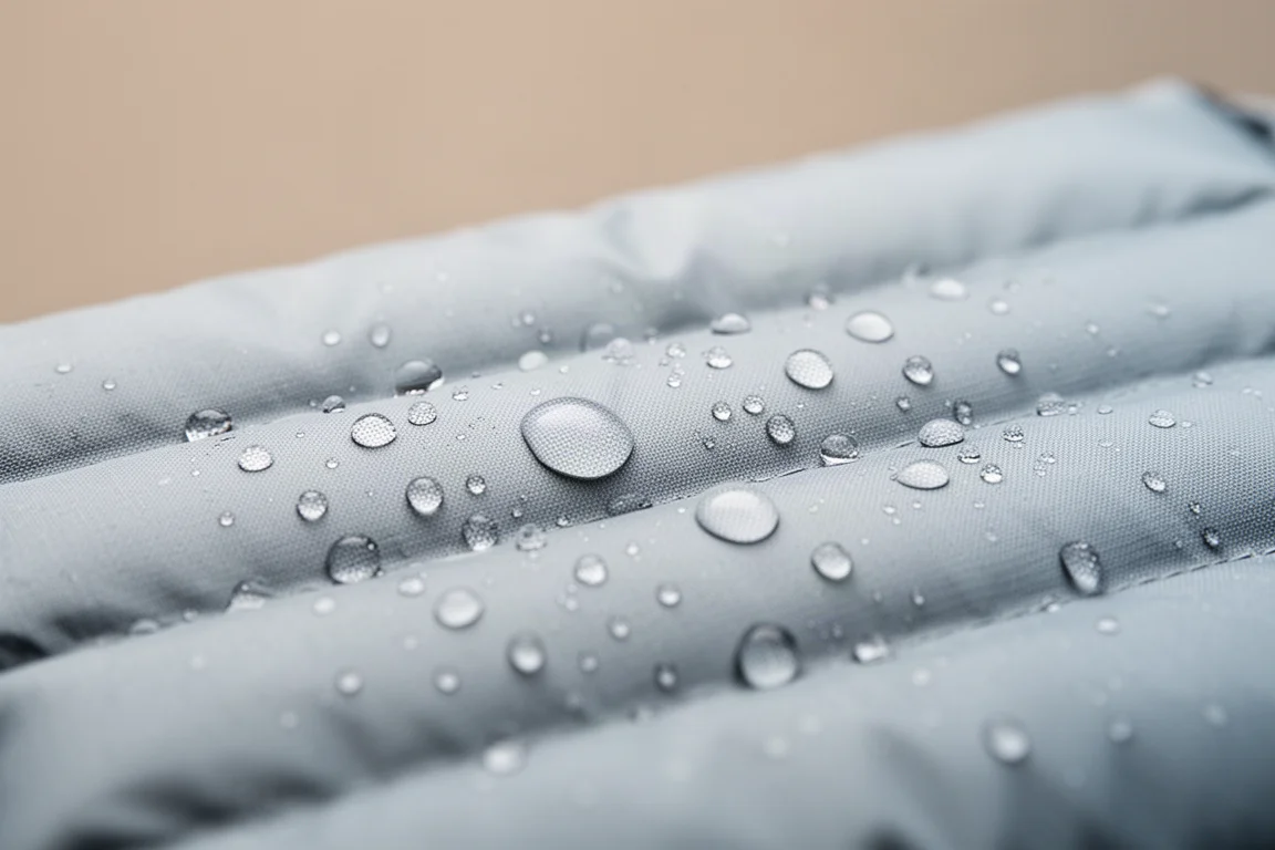Water parelt op een matte gewatteerde technische stof in close-up