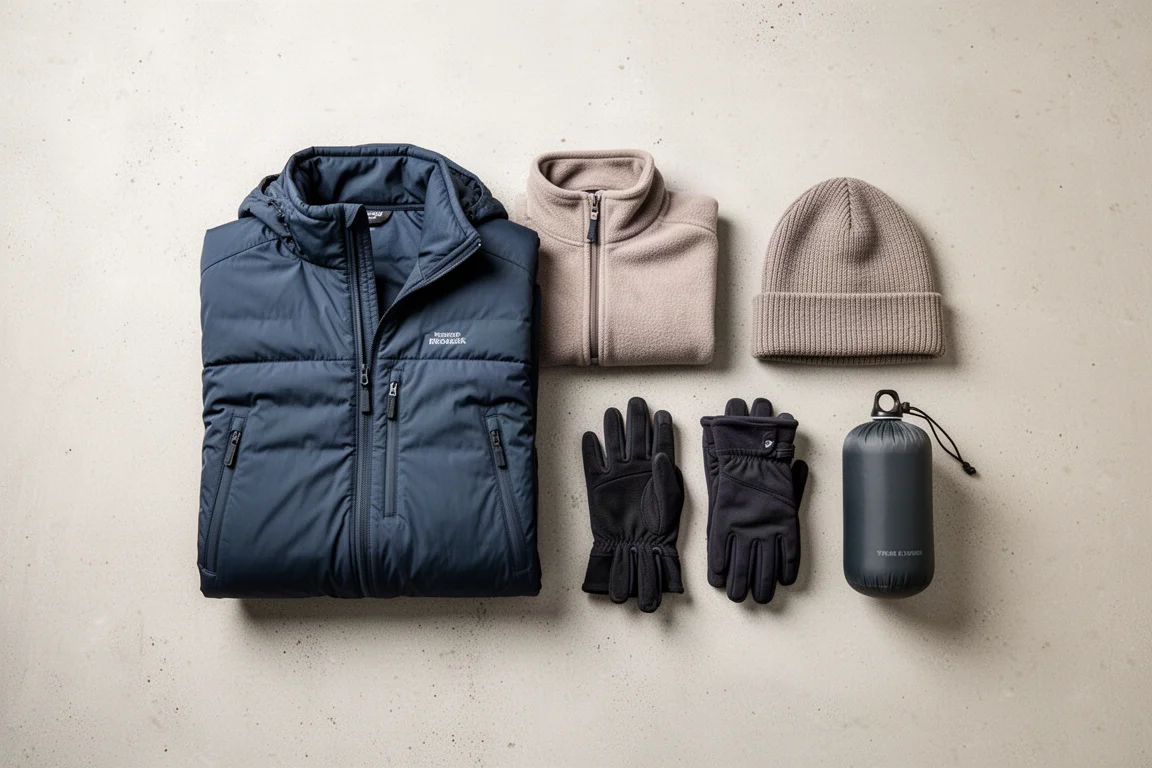 Flat-lay van koudweerlagen met jack, fleece, handschoenen en muts