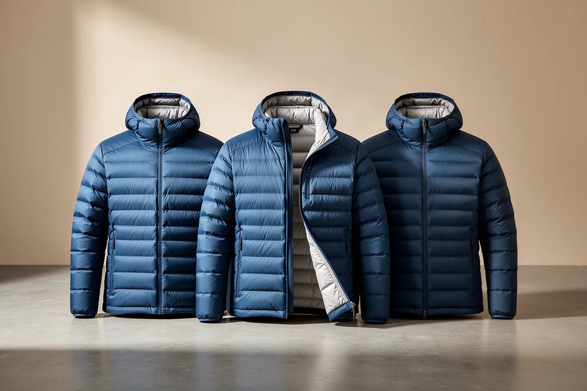 Three blue quilted down jackets arranged in a row on a concrete surface