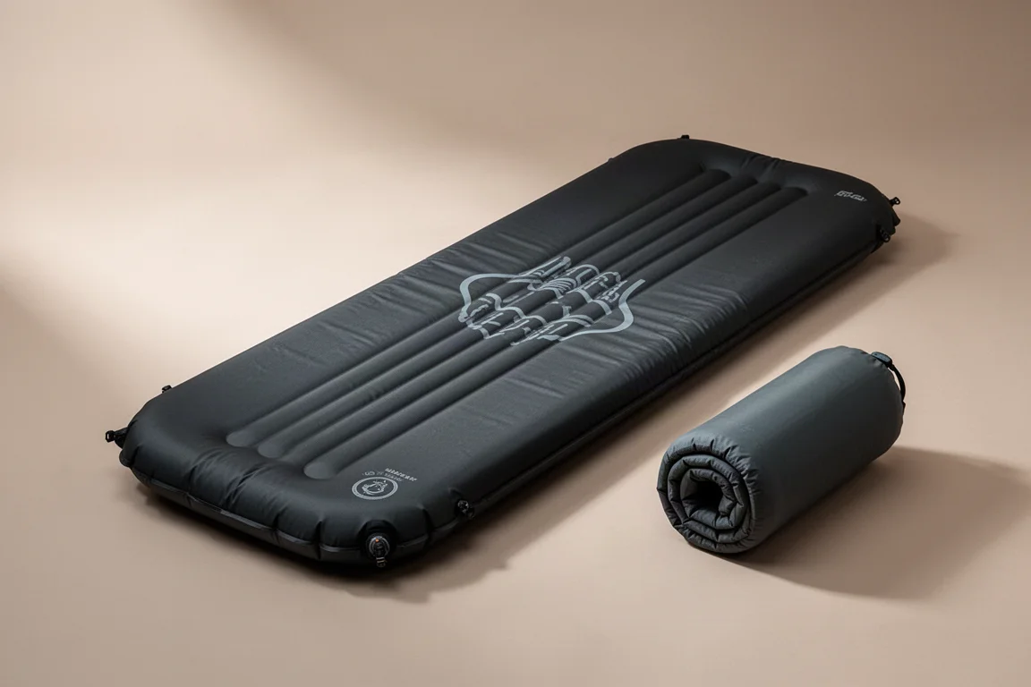 Inflatable sleeping pad shown flat and rolled on a neutral studio backdrop