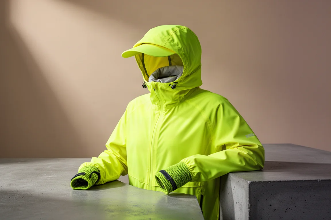 Lightweight bright running waterproof jacket with hood rolled into collar on concrete