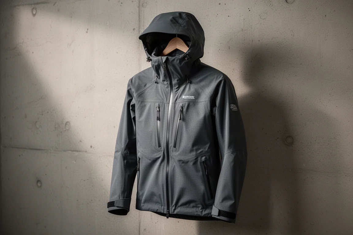 Technical mountaineering hardshell jacket with large hood on a wooden hanger