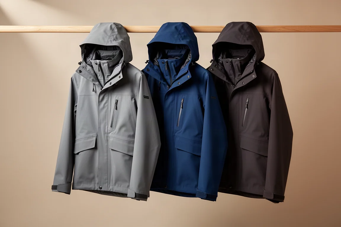 Three waterproof shell jackets hanging on a wooden rail against a neutral backdrop