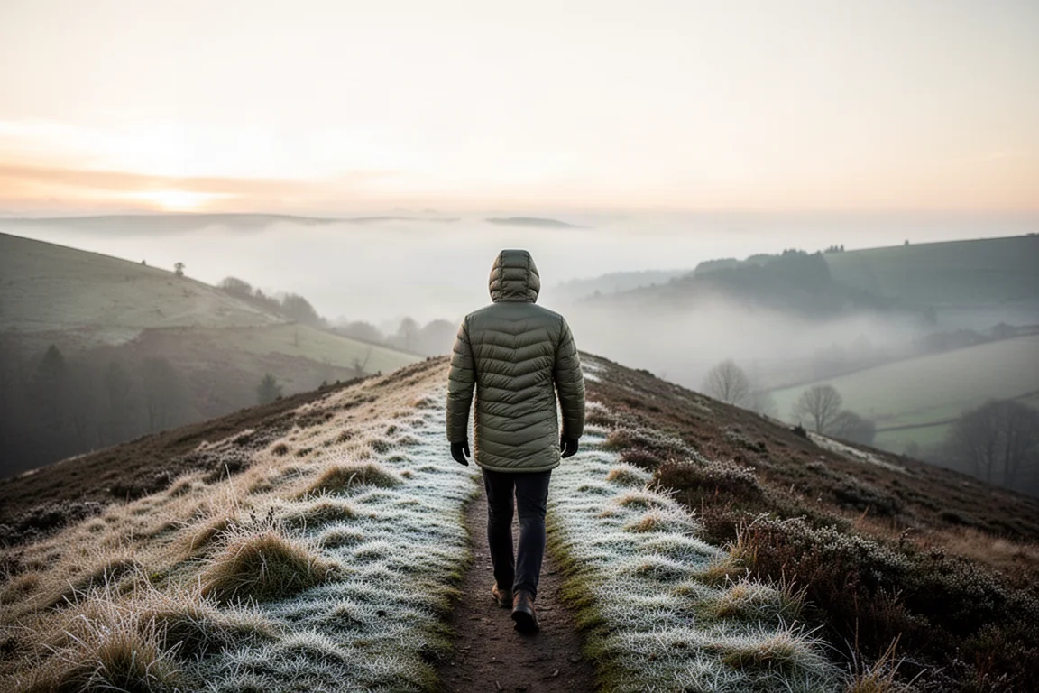 Wandelaar in een capuchonjas met stiksels op een besuikerd heuvelpad bij zonsopgang met mist eronder