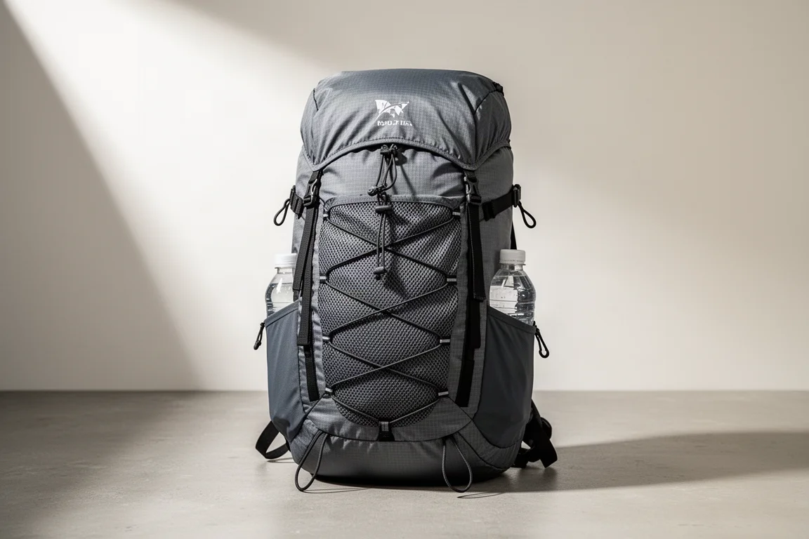 Charcoal ultralight hiking rucksack with mesh front pocket and floating lid on concrete