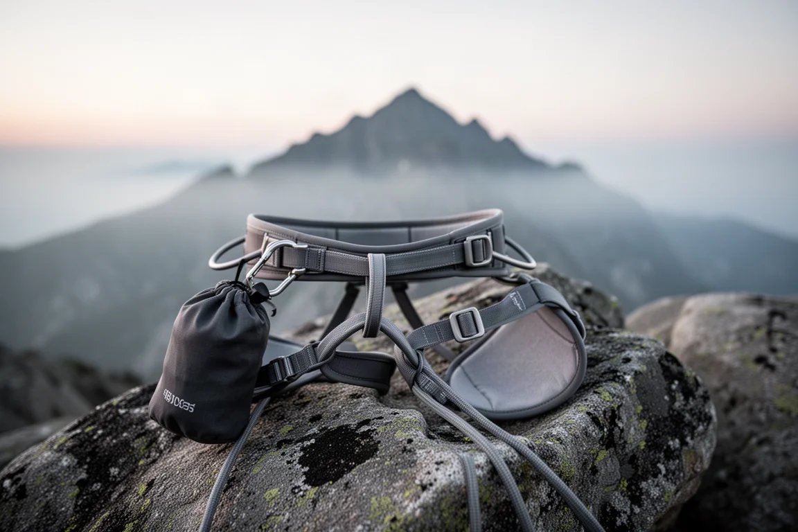 Climbing harness with a small stuff sack clipped to a gear loop on granite
