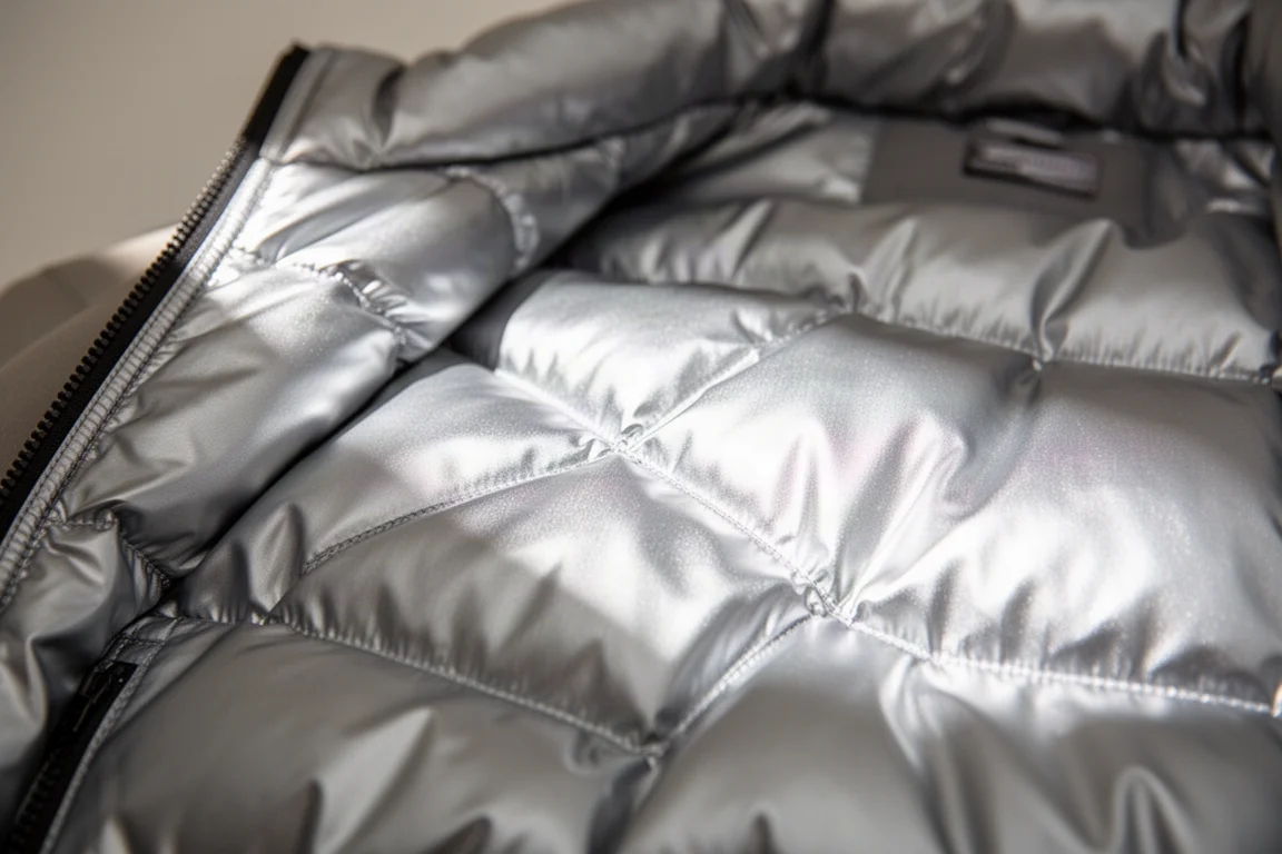 Close-up of silver reflective lining inside a quilted down jacket