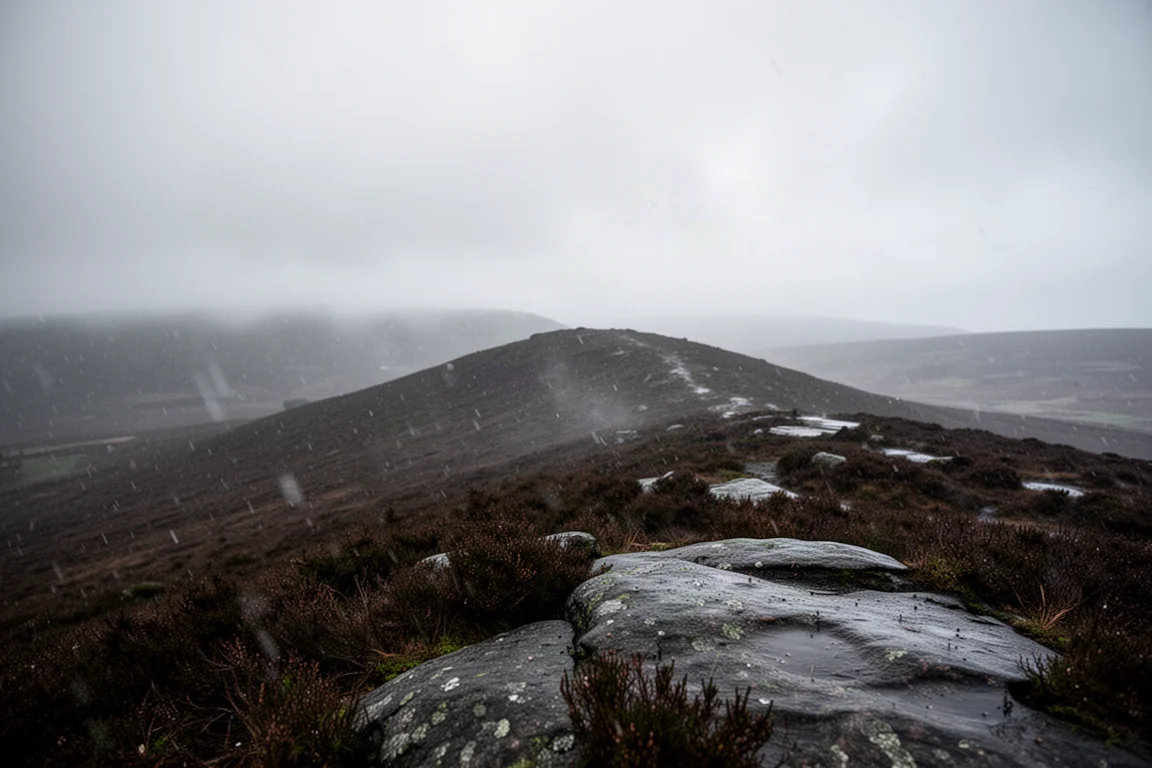 Wind-driven rain over a dark moorland ridge under low grey cloud
