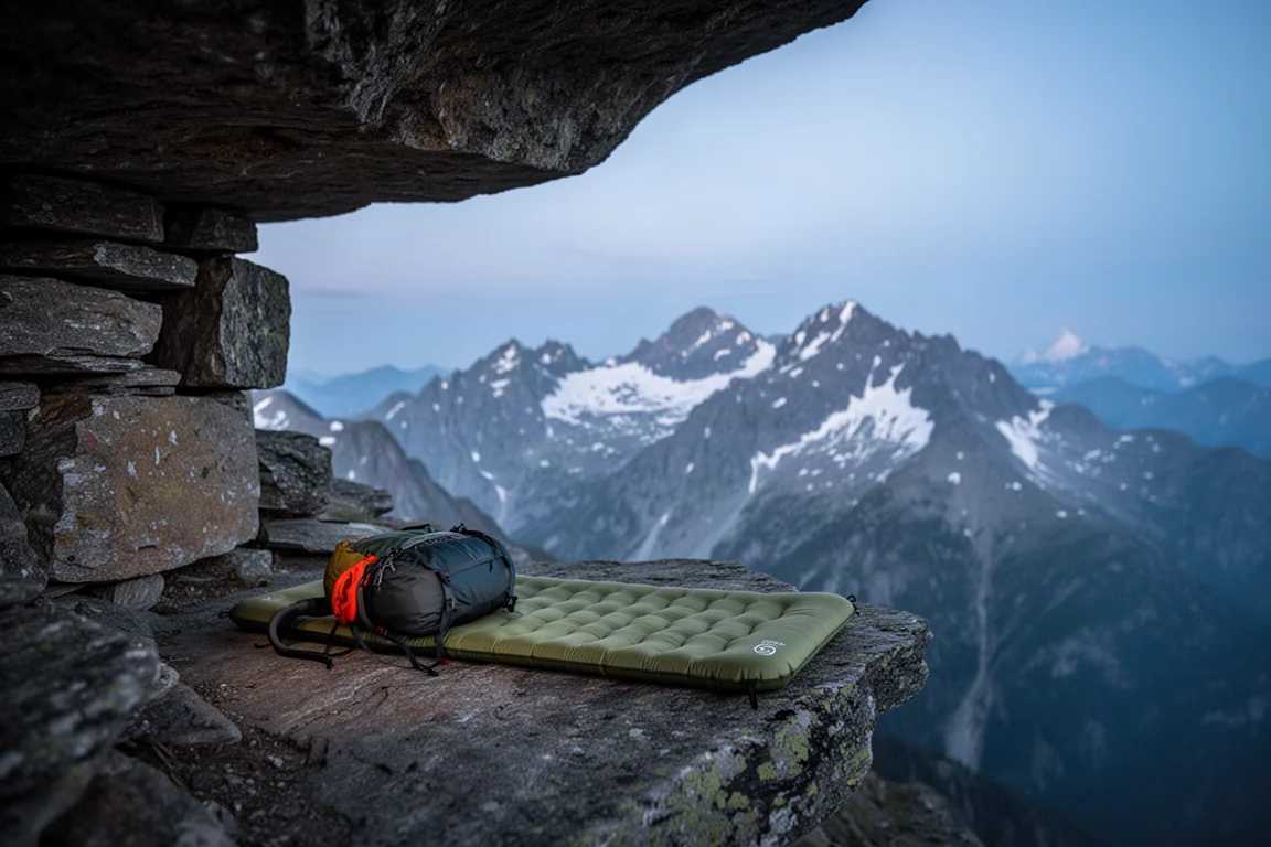 Alpine bivouac ledge at dusk with a mat and pack beneath an overhang