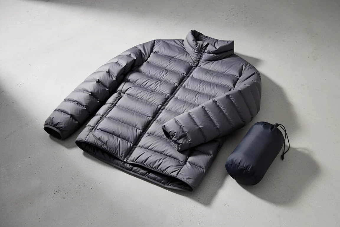 Lightweight charcoal down jacket with a stuff sack on a concrete surface