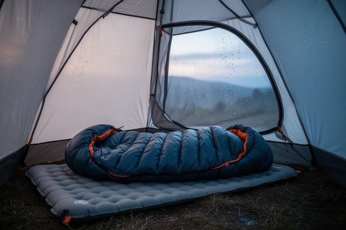 Sac de couchage en duvet bien gonflé, ouvert sur un matelas dans une tente à l'aube