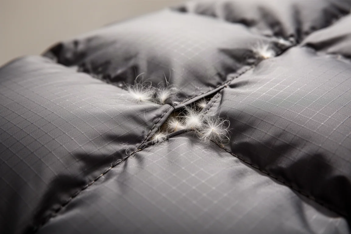 Gros plan sur le tissu ripstop de la coque du sac de couchage et les coutures des cloisons
