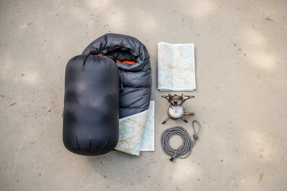 Vue à plat d'un sac de couchage compressé dans son sac de rangement avec du matériel de camping