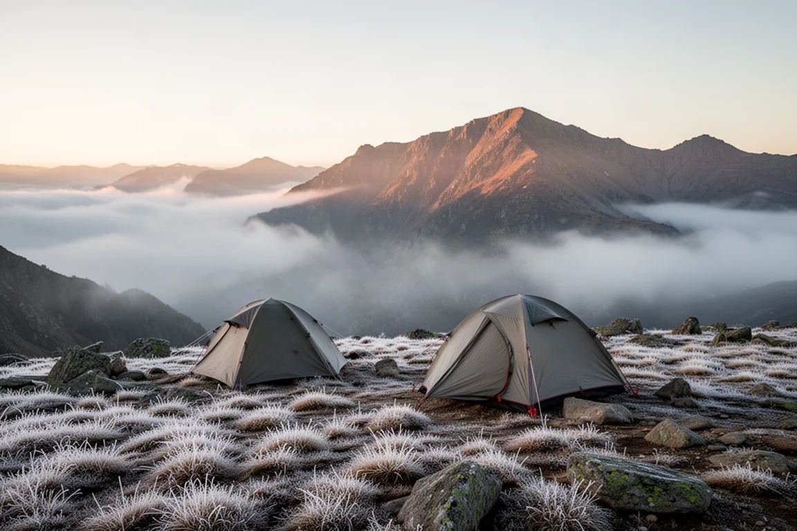 Petite tente installée sur un plateau alpin gelé au lever du soleil