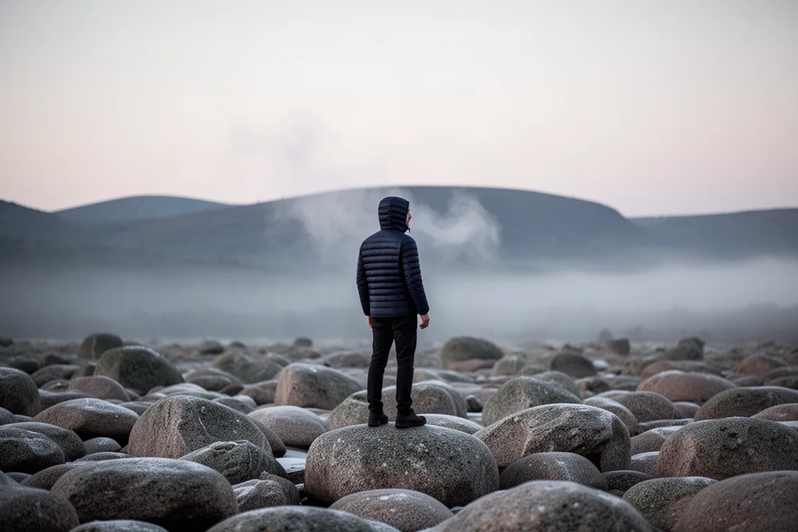 Person in einer marineblauen gesteppten Daunenjacke auf einem Granitblockfeld im kalten Morgengrauen