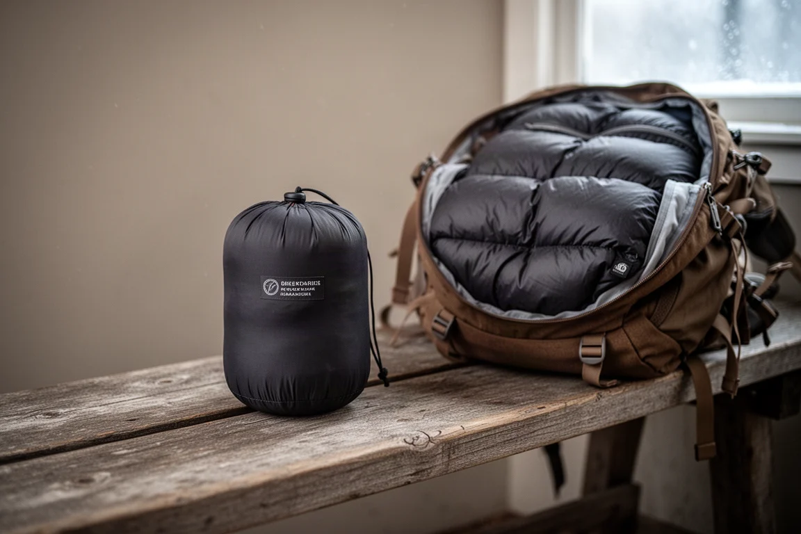 Daunenjacke in einem kleinen Packsack neben einem offenen Rucksack auf einer Holzbank