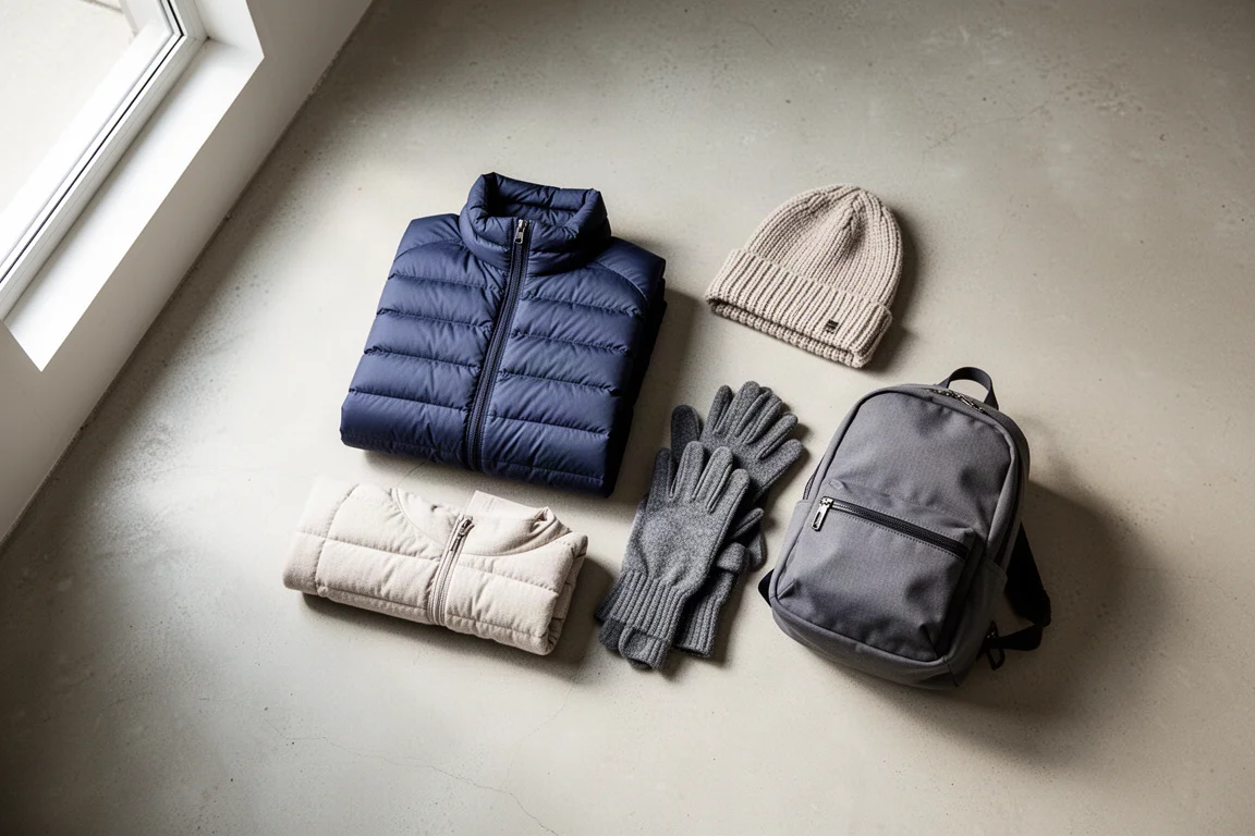 Draufsicht auf eine gefaltete Daunenjacke, Mütze, Handschuhe und einen kleinen Rucksack