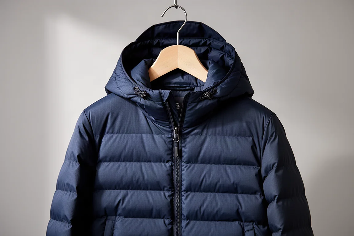 Navy hooded quilted down jacket on a wooden hanger against a grey backdrop