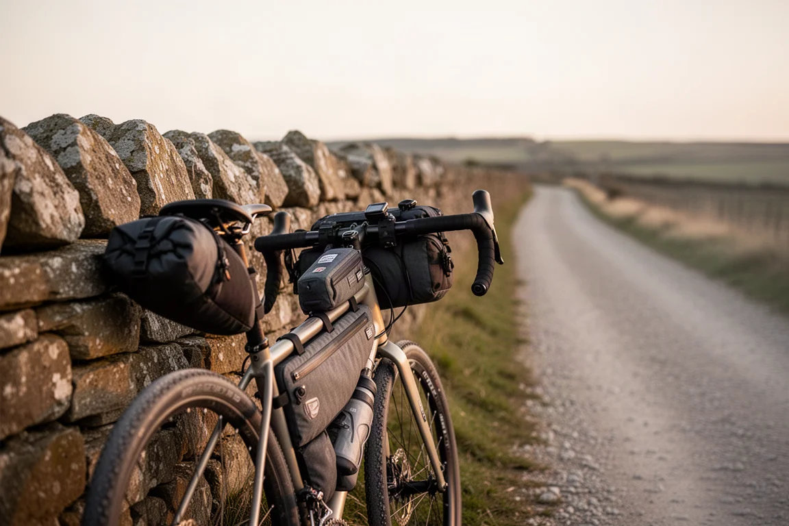 Bepakte bikepackingfiets leunend tegen een droog stenen muurtje in gouden uurlicht