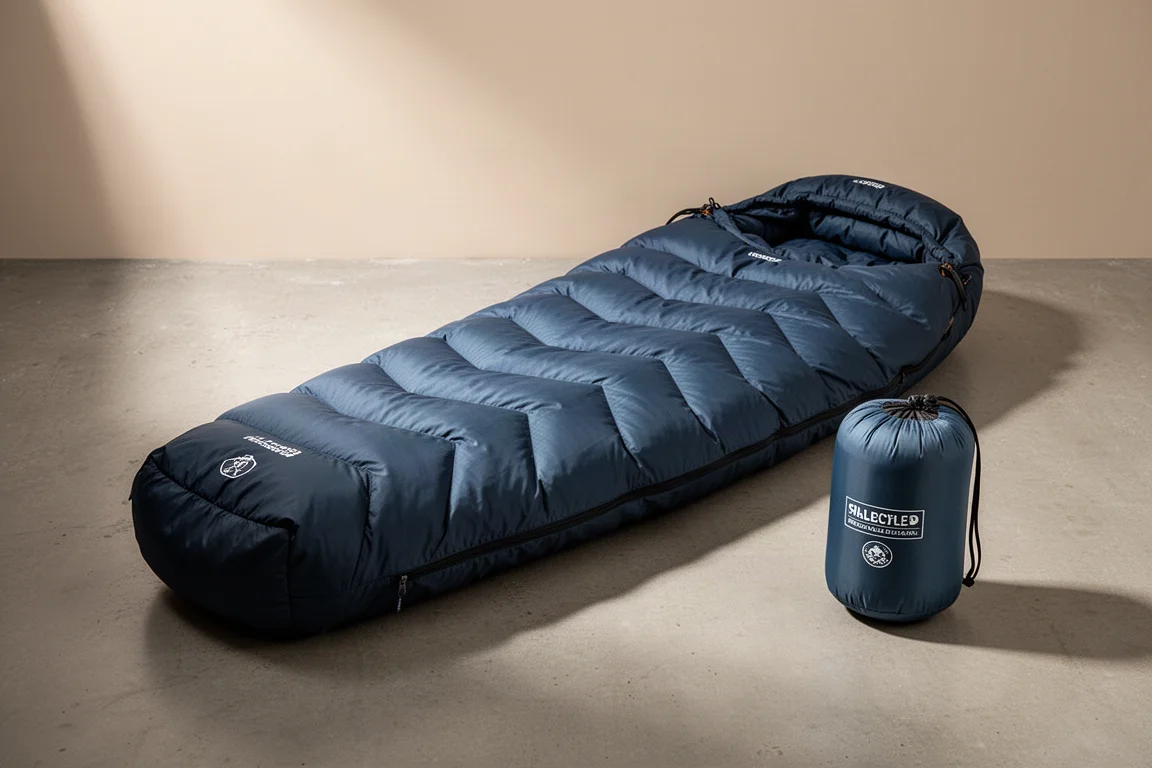 Lofted dark blue mummy-style down sleeping bag and roll-top stuff sack on concrete
