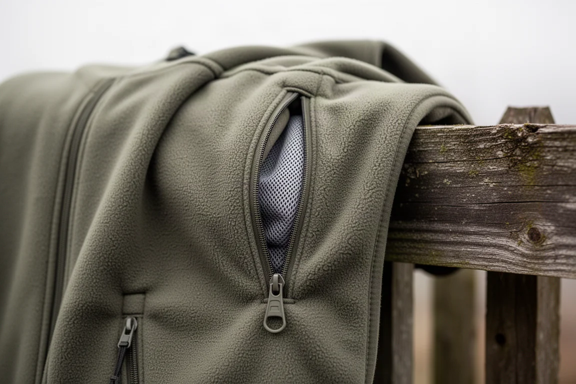 Öffnung der Handwärmertasche an einer Fleecejacke mit sichtbarem Mesh-Futter im Inneren