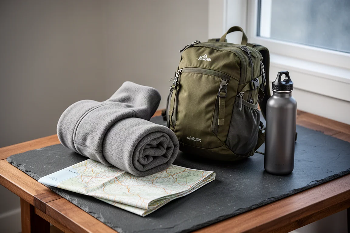 Zusammengerollte Fleece-Zwischenschicht neben einem kleinen Wanderrucksack auf einer Schieferfläche