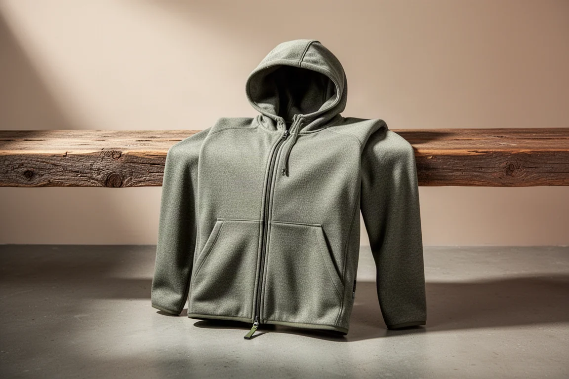 Olive-grey full-zip fleece hoodie draped over a wooden rail on a concrete surface