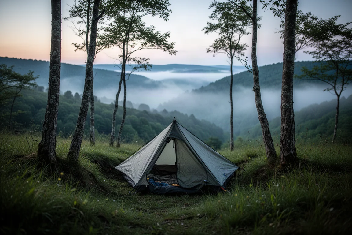 Low-profile bivvy shelter tucked into a grassy gully between trees at dusk