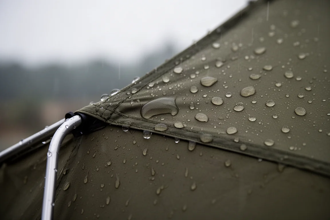 Rain beading on waterproof coated fabric stretched over a curved bivvy pole