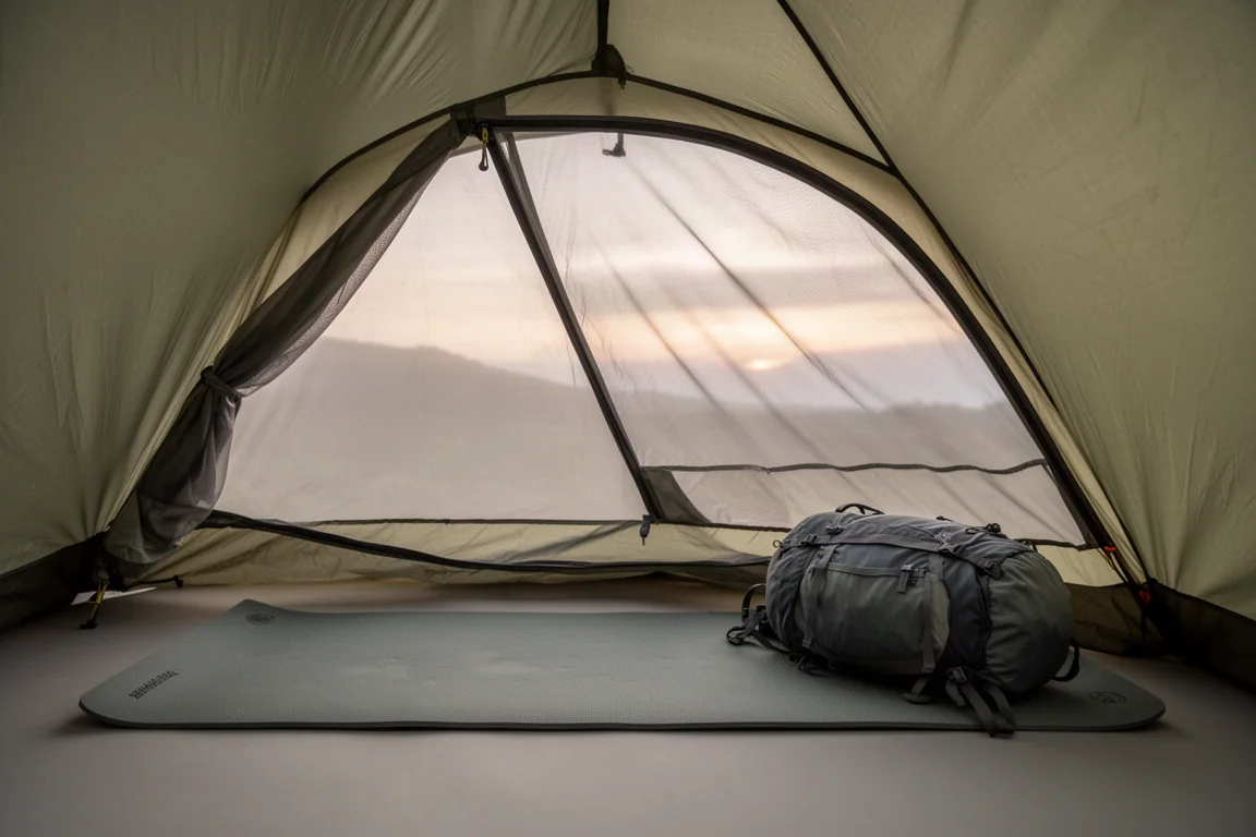 Interior of an open bivvy showing a sleeping mat and packed rucksack